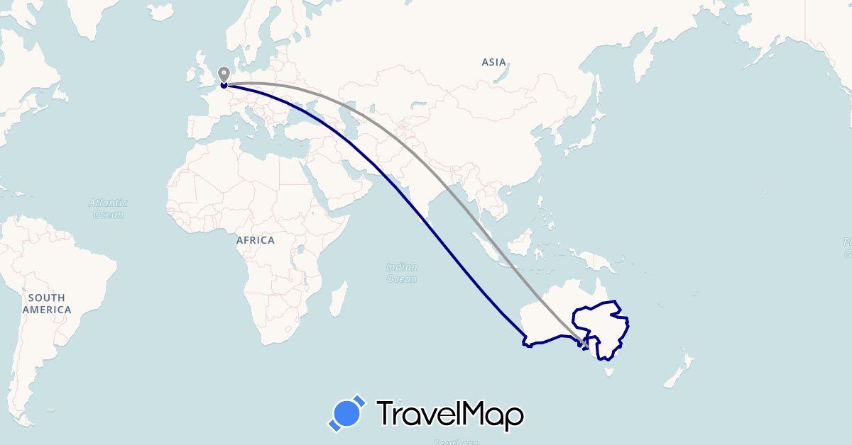TravelMap itinerary: driving, plane in Australia, Belgium (Europe, Oceania)