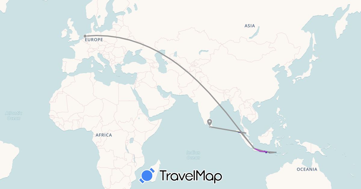 TravelMap itinerary: driving, plane, train, hiking, boat in Indonesia, Sri Lanka, Malaysia, Netherlands (Asia, Europe)