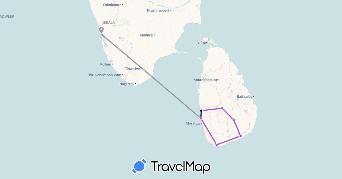 TravelMap itinerary: driving, plane, train in India, Sri Lanka (Asia)