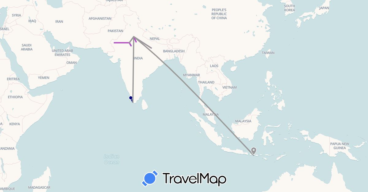 TravelMap itinerary: driving, plane, train in Indonesia, India (Asia)