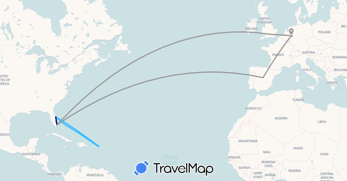 TravelMap itinerary: driving, plane, boat in Bahamas, Germany, Spain, United Kingdom, United States, British Virgin Islands, U.S. Virgin Islands (Europe, North America)